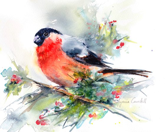 Bullfinch painting, Original bird painting, Watercolour