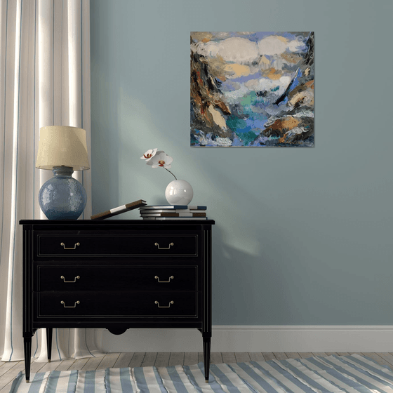 SULAK CANYON CLOUDS - Mountainscape, mountain landscape, original painting oil on canvas, sky blue summit, gift