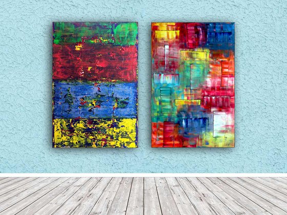 "Blind Date" - FREE USA SHIPPING - Original Large PMS Abstract Diptych Oil and Acrylic Paintings On Canvas - 48" x 36"