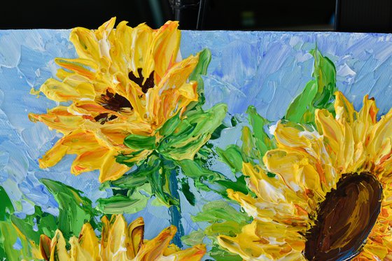 Sunflowers on Blue III - Original Floral Painting on Canvas, Palette Knife Art, Textured Impasto Artwork