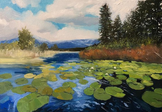 "Lily Pads and Peaks"-100x70cm large original oil painting by Artem Grunyka