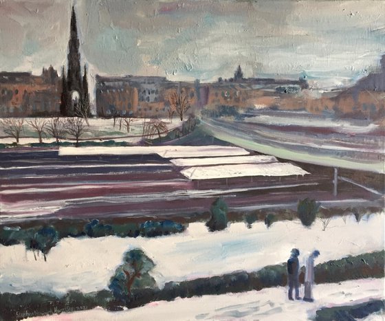 'The Waverley station in the snow, Edinburgh'