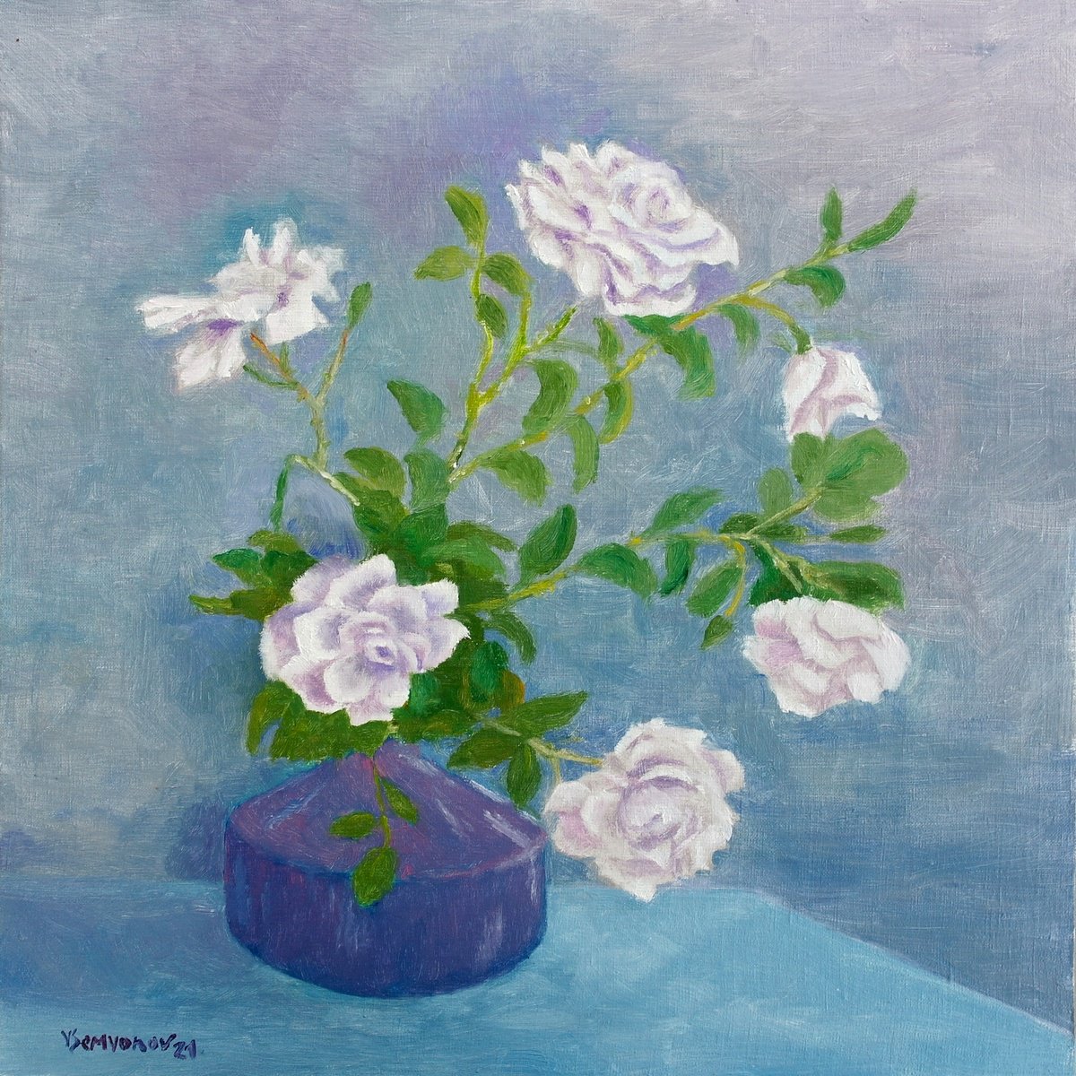 Impressionistic Botanical Oil Painting By Juri Semjonov, 16 X 16", My Garden Roses 4, Original Artwork