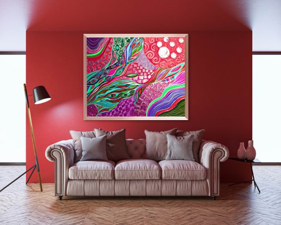 Viva Magenta Love - Large red green lilac abstract painting 100x80 cm