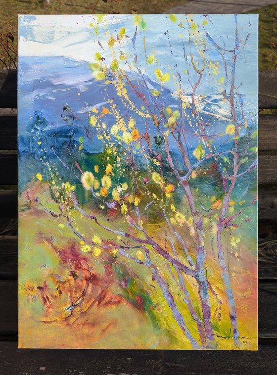 Moments of spring . Willow blossoms in the mountains . Original oil painting