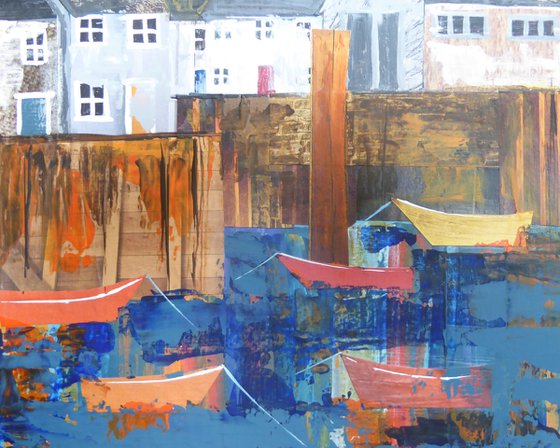 Harbour, collage with orange sky