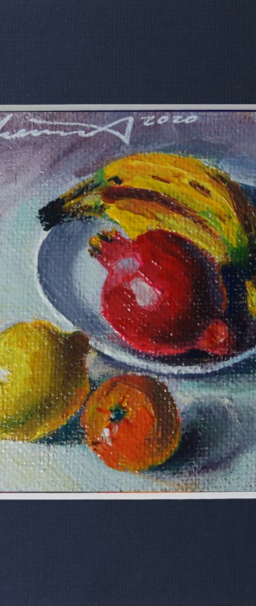 'FRUITS FROM YELLOW TO RED" - Small Painting on Jute under Mat by Ion Sheremet