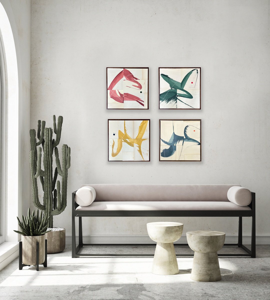 Abstract Oil Painting By Jane Skingley, 17 X 17, Hokusai Red 2, Original Artwork