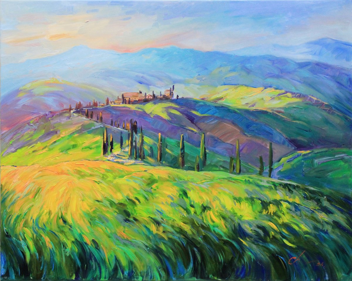 Impressionistic Landscape Oil Painting By Serhii Cherniakovskyi, 39 X 31", Tuscan Hills, Original Artwork