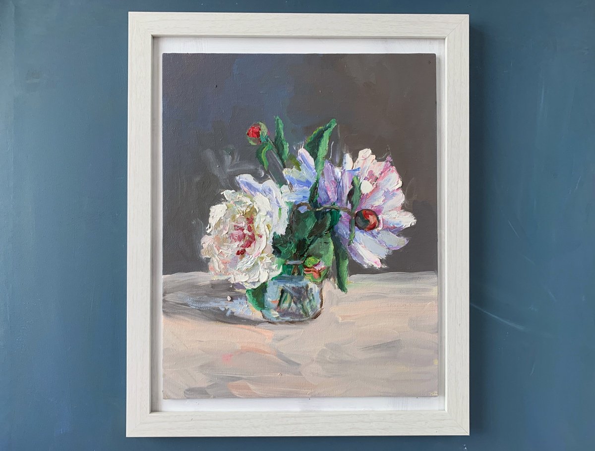 Impressionistic Botanical Oil Painting By Vita Schagen, 12 X 15", Peonies., Original Artwork