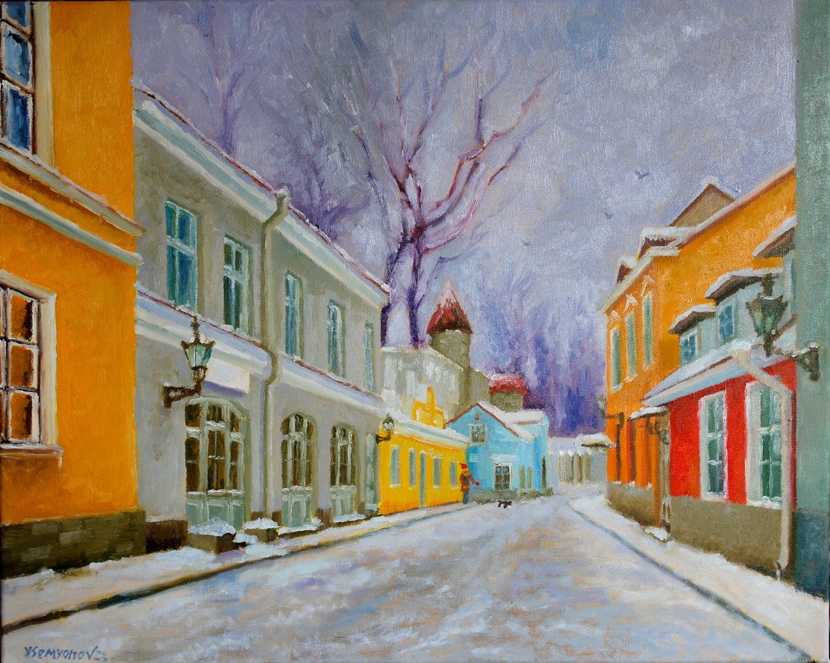 Impressionistic Cityscapes Oil Painting By Juri Semjonov, 20 X 16", Winter Tallinn, Uus Street, Original Artwork