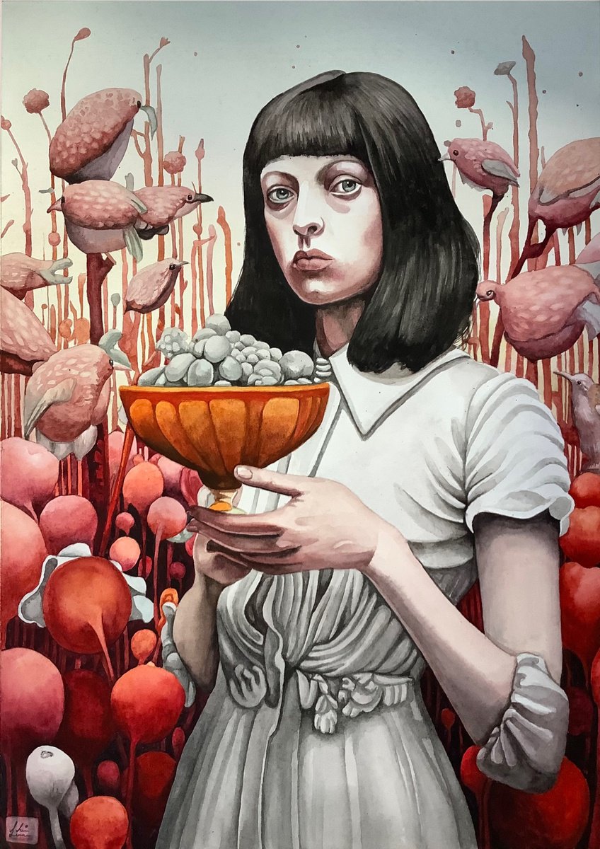 Surrealistic Portrait Watercolour By Lisa Lennon, 11 X 17", Bird Garden, Original Artwork