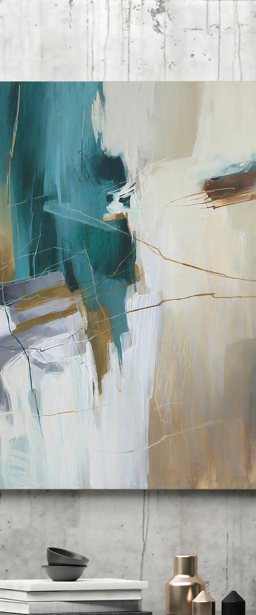 "Melody 3" Teal gray white abstract art by Nina