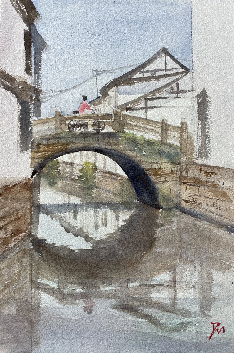 Impressionistic Cityscapes Watercolour By Shelly Du, 8 X 12", Old Town In China, Original Artwork