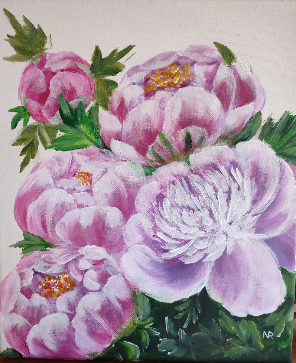 Impressionistic Botanical Acrylic Painting By Nataliia Plakhotnyk, 10 X 12", Lovely Peonies, Original Artwork