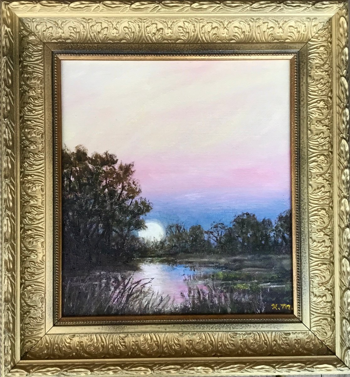 Impressionistic Landscape Oil Painting By Kathleen Mcdermott, 13 X 14", Super Moon Rising, Original Artwork