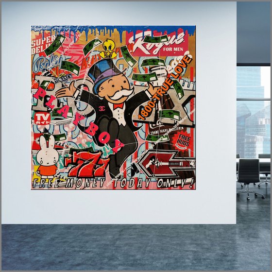 Monopoly Man - Free Money 120cm x 120cm Monopoly Man Texture Urban Pop Art