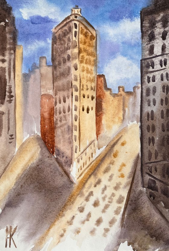 NYC Painting New York Original Art Cityscape Watercolor Artwork Small Wall Art 8 by 12" by Halyna Kirichenko