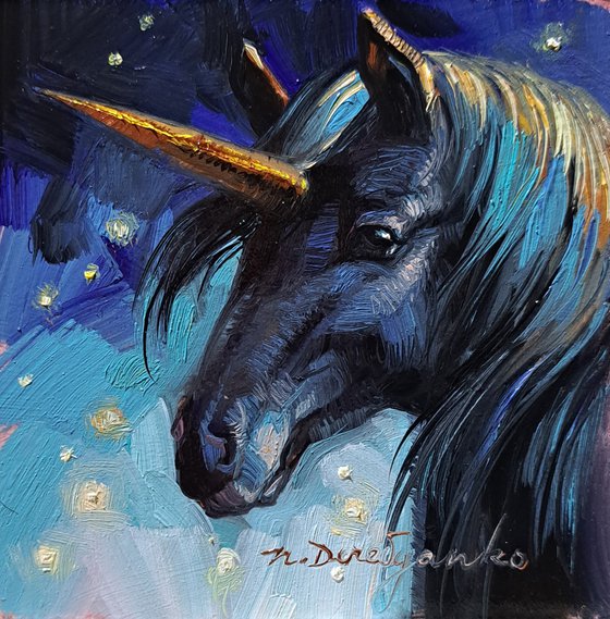 Black unicorn oil painting original in silver frame 4x4 inch