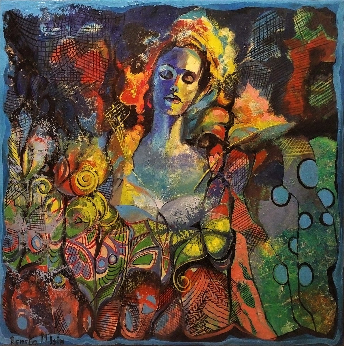 Expressive Portrait Oil Painting By Reneta Isin, 31 X 31", " Euphoria ", Original Artwork