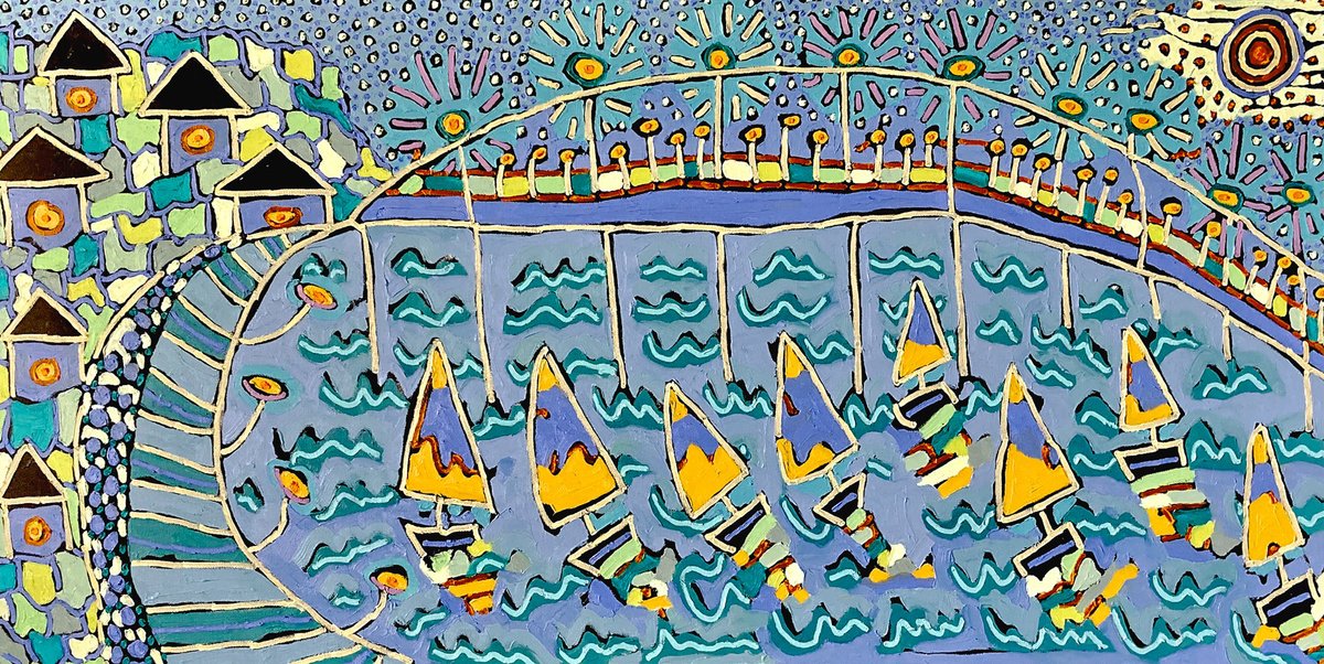 Naive Landscape Oil Painting By Ann Parks Mccray, 48 X 24, Pure Happiness, Original Artwork