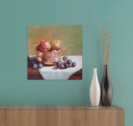 "Still life with grapes and pears in a small old French saucepan." still life grapes pears summer  liGHt original painting  GIFT (2020)