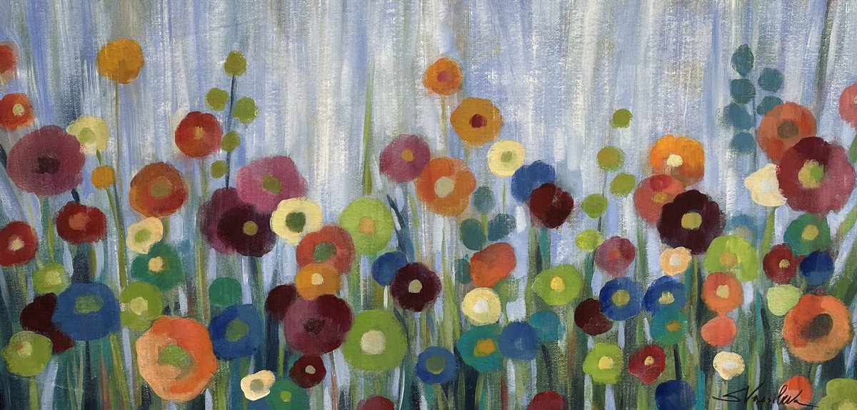 Expressive Botanical Acrylic Painting By Silvia Vassileva, 40 X 20", Peacock Flowers, Original Artwork