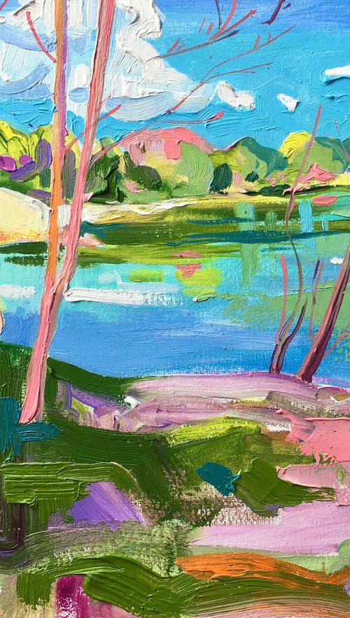 Pink trees by the lake by Ole Karako