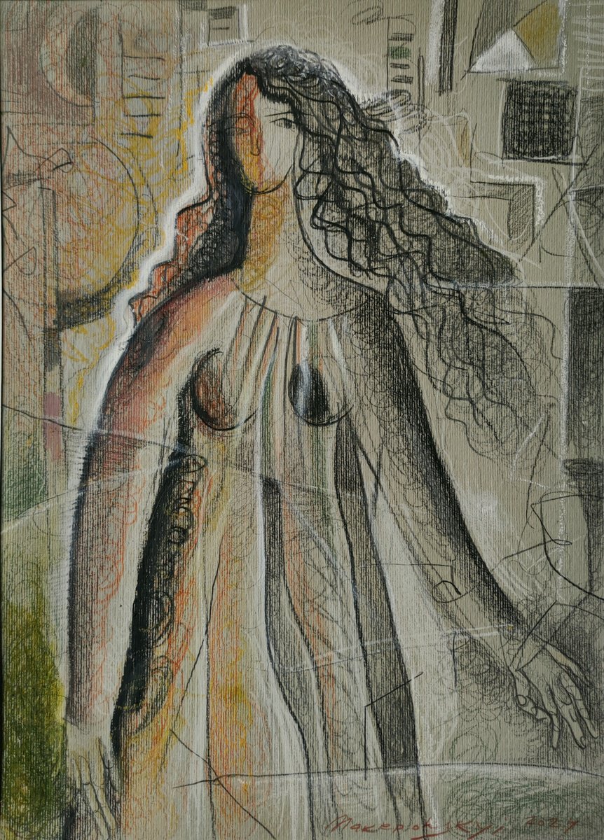 Impressionistic Portrait Painting By Pavlo Makedonskyi, 17 X 21", Woman And The Sity, Original Artwork