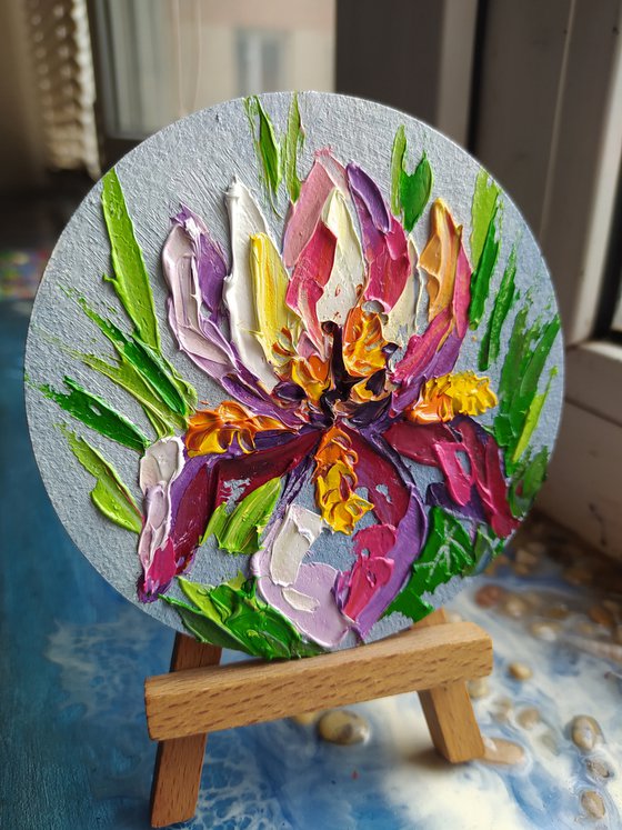 Little iris - small bouquet, small painting, bouquet, flowers oil painting, oil painting, flowers,  postcard, gift idea, gift