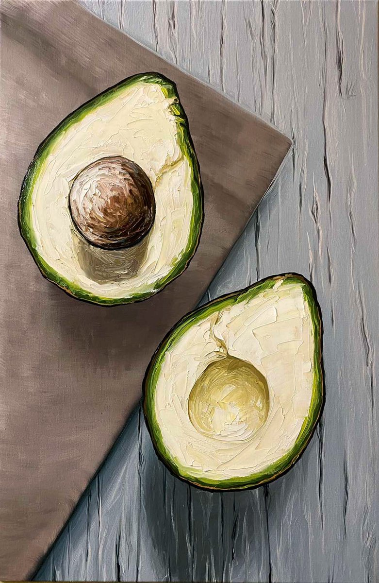 Photorealistic Still Life Oil Painting By Elena Adele Dmitrenko, 16 X 24, Avocado, Original Artwork