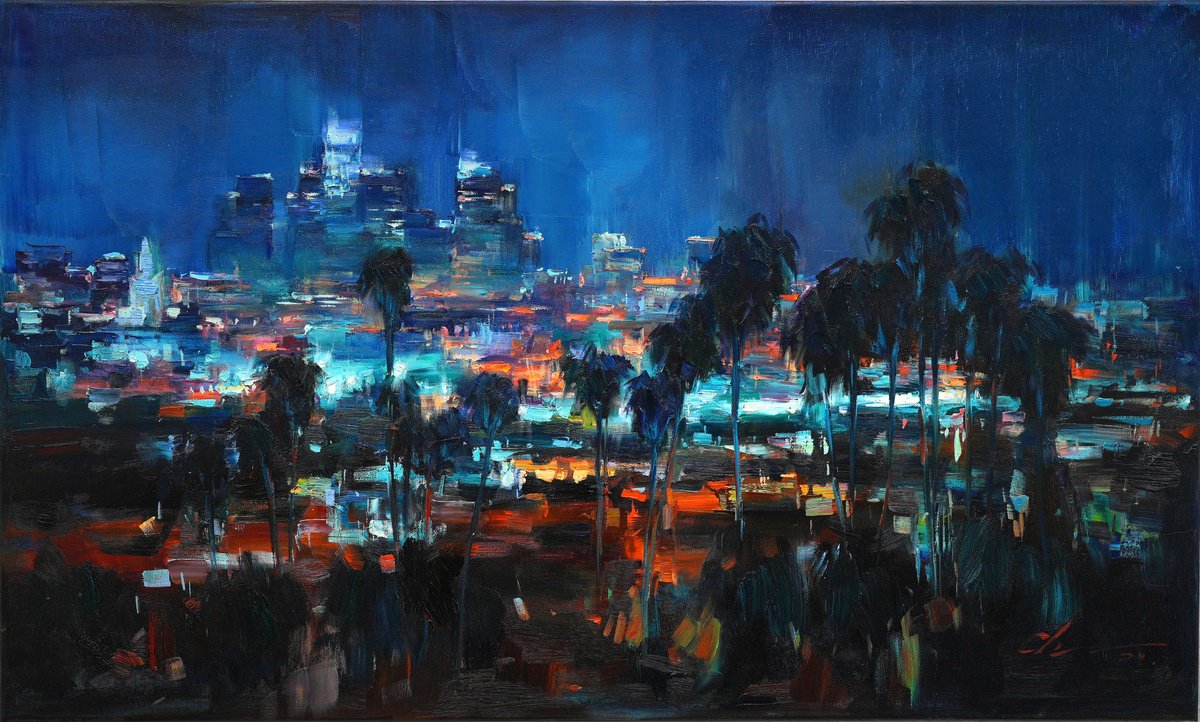 Impressionistic Cityscapes Oil Painting By Serhii Cherniakovskyi, 39 X 24", Los Angeles Night Lights, Original Artwork