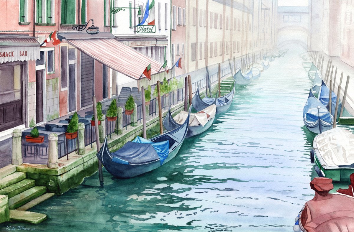 Photorealistic Landscape Watercolour By Tetiana Koda, 22 X 15", Venice, Original Artwork