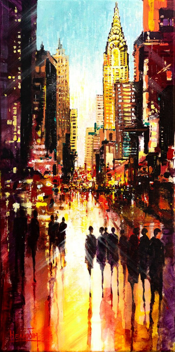 Impressionistic Cityscapes Acrylic Painting By Aleksandr Neliubin, 12 X 24, Sunshine New York, Original Artwork
