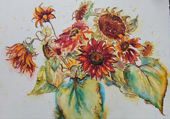 Orange Sunflowers (large watercolour and mixed media floral)