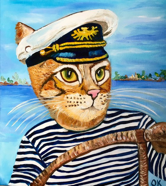 Troy The  Cat- Captain  oil painting for cat lovers.