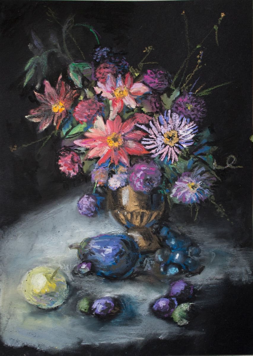 Autumn flowers, fruits and aubergine. by Vlada Lisowska