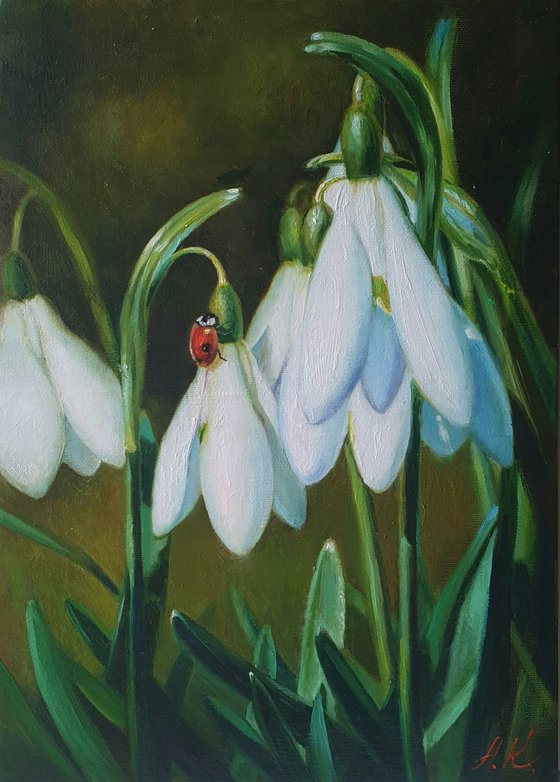 "Guest."  flower snowdrops ladybug  liGHt original painting  GIFT (2020)