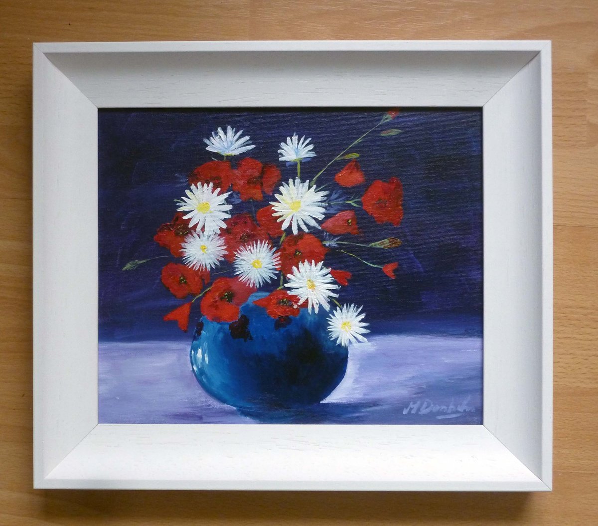 Impressionistic Botanical Acrylic Painting By Margaret Denholm, 15 X 13", Bowl Of Poppies And Daisies, Original Artwork