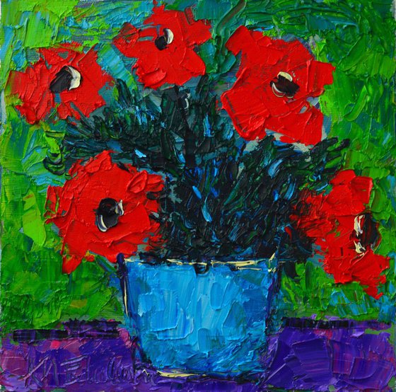 RED WILDFLOWERS IN BLUE POT - abstract modern impressionist floral miniature original palette knife oil painting