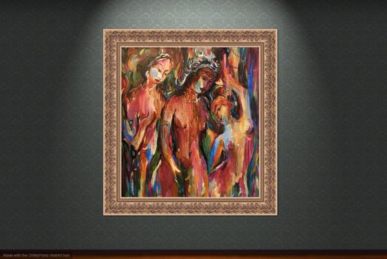 INDIAN TEMPLE. SECRETS - kamasutra theme, original oil painting, nude erotic art