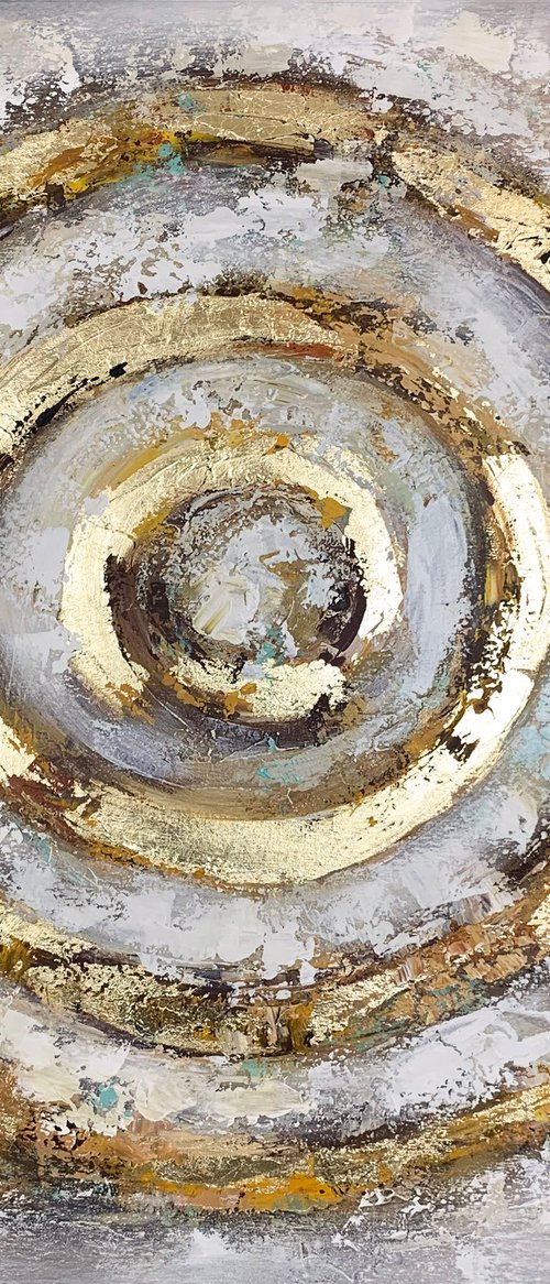 Golden Circle - Abstract White Grey Gold Painting, Square Painting 36" Large Canvas, Gold Leaf, Minimalist Painting, Living Room Painting by Lana Guise