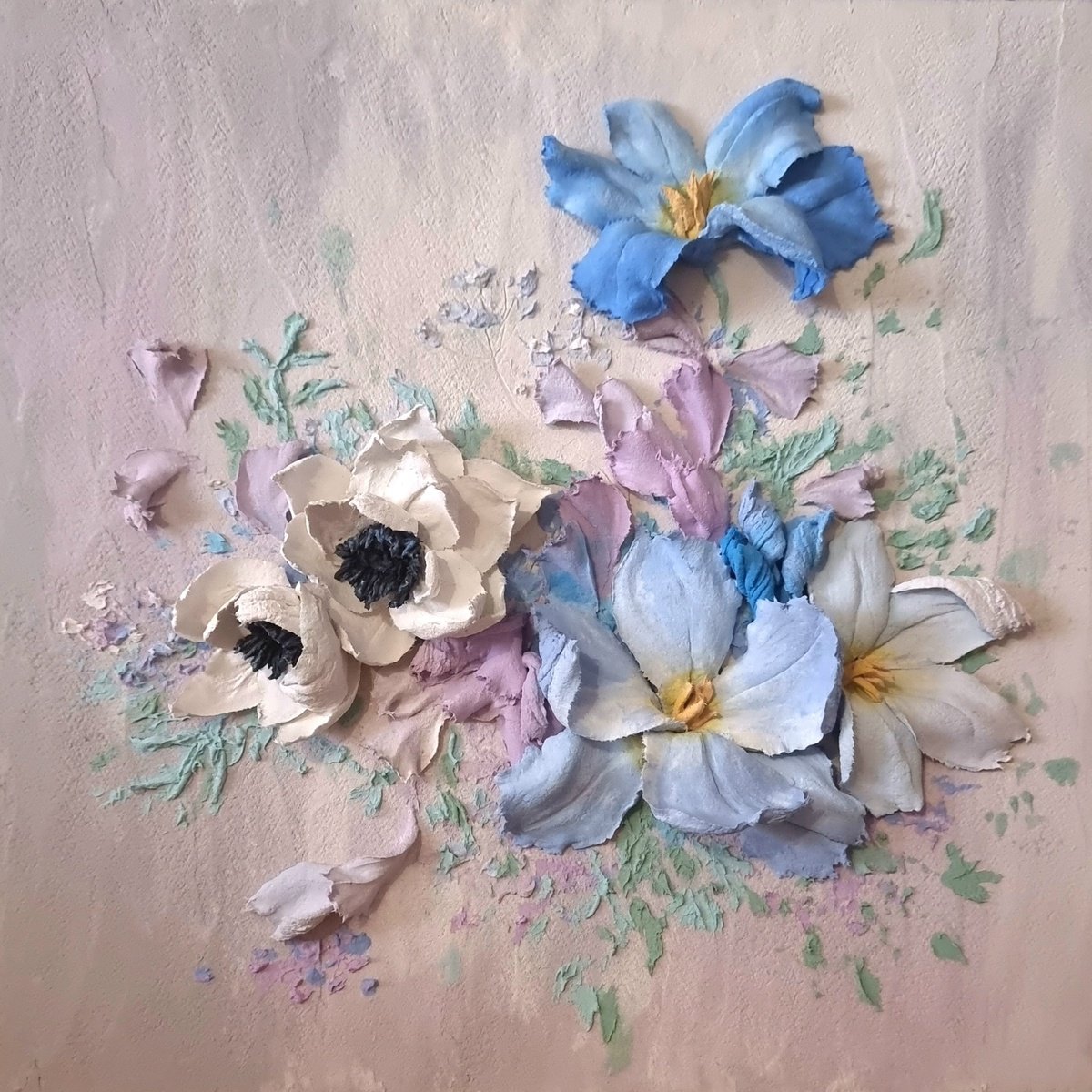 Photorealistic Still Life Relief By Irina Stepanova, 10 X 10, Blue Tulips, White Anemones, Original Artwork