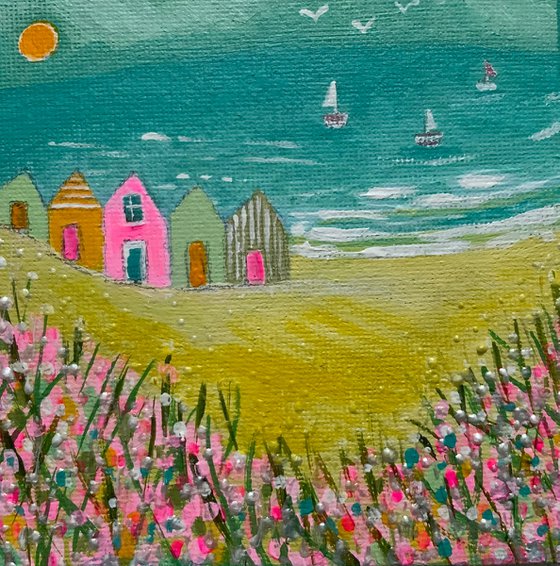 Beach Huts, 10x10cm small acrylic landscape canvas board painting
