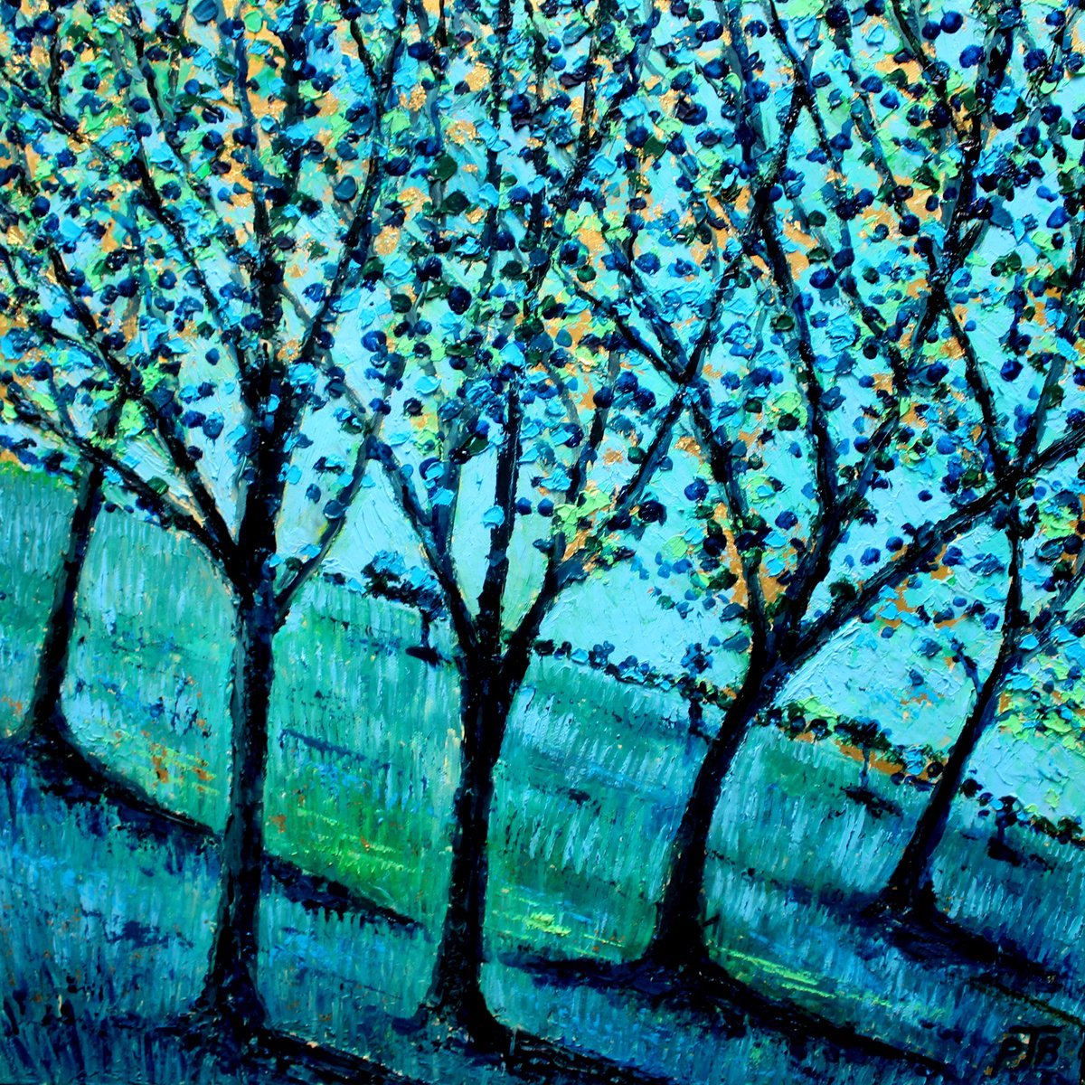 Impressionistic Landscape Oil Painting By Paul J Best, 24 X 24", Landscape In Blue And Gold I, Original Artwork