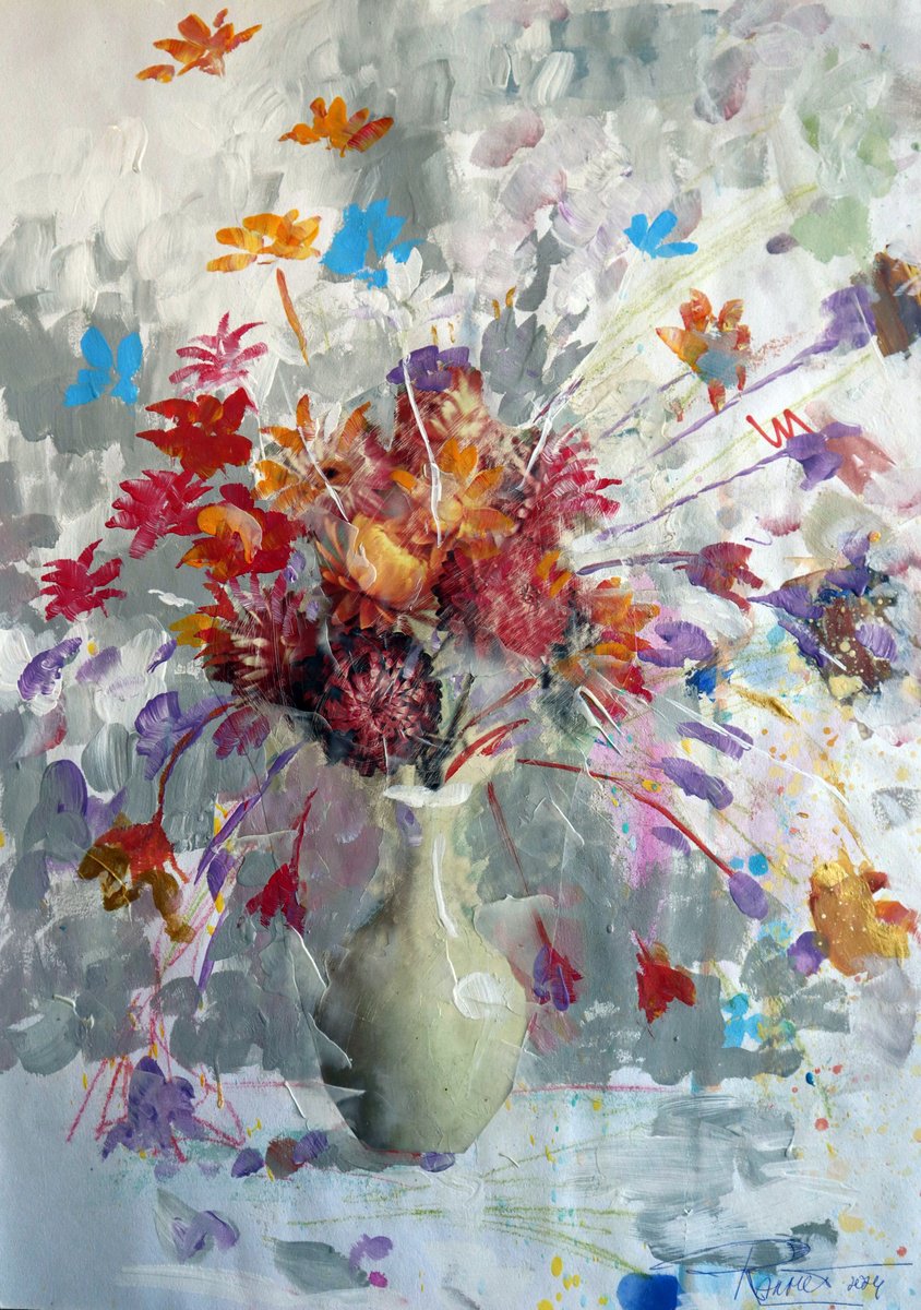 Impressionistic Botanical Acrylic Painting By Rakhmet Redzhepov, 17 X 23", Fantasy With Flowers 218, Original Artwork