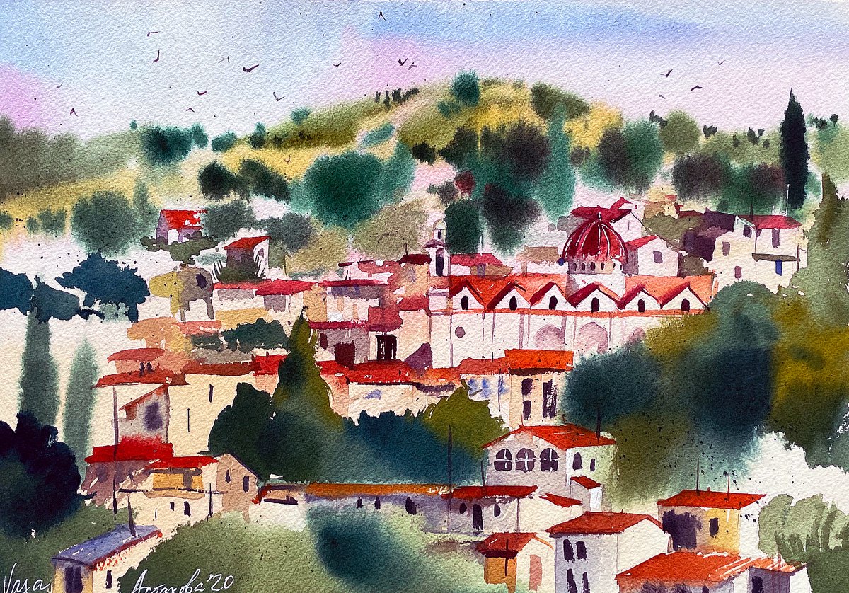 Impressionistic Cityscapes Watercolour By Ksenia Astakhova, 15 X 10", Sunset In Vasa Village, Original Artwork