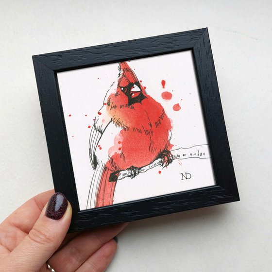 Cardinal bird drawing framed 4x4, Original ink line drawing sketch bird in framed artwork, Mini wall decor gift