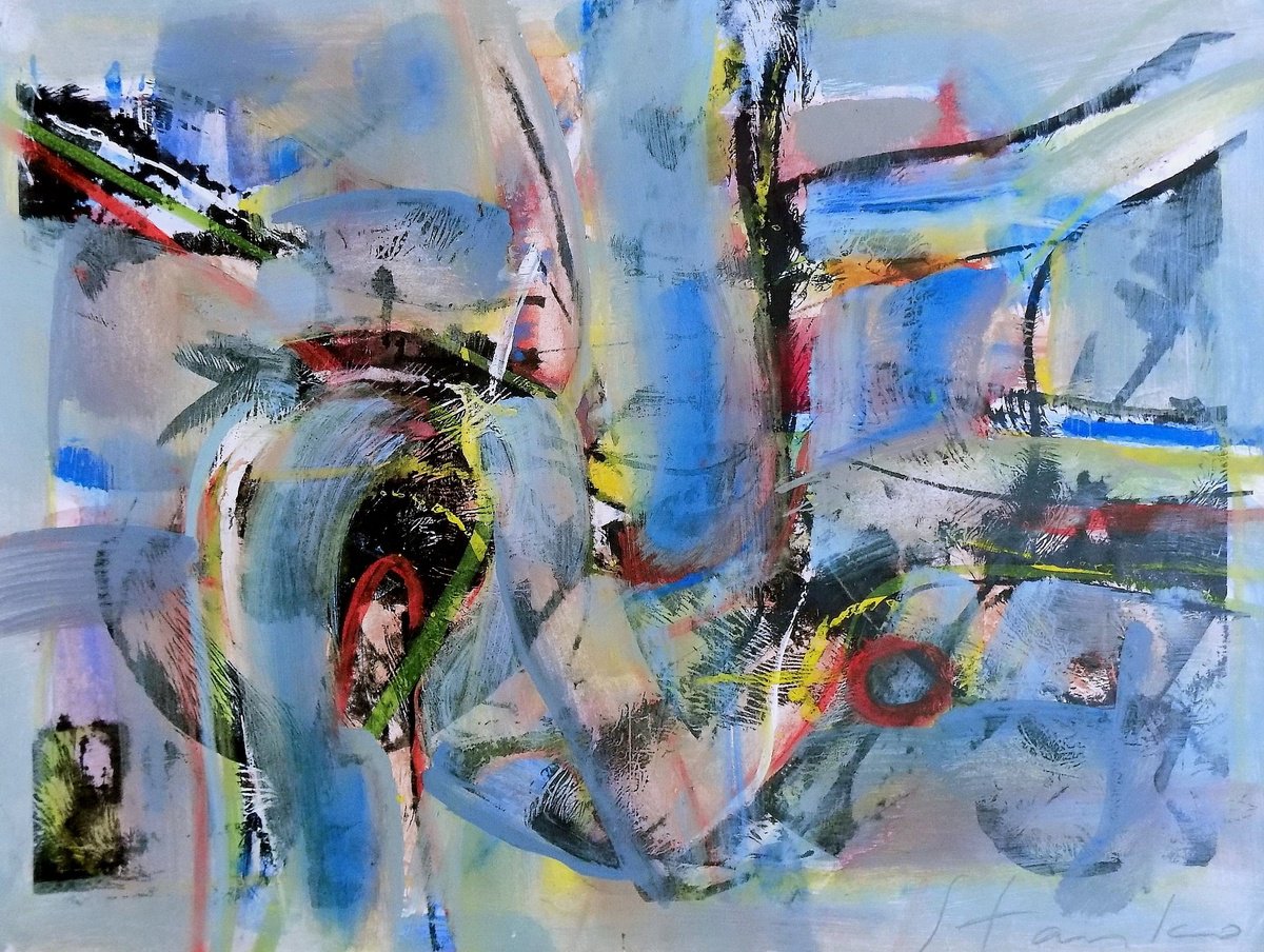 Abstract Acrylic Painting By Stanislav Bojankov, 28 X 20", Improvisation-Xciv(Blue), Original Artwork