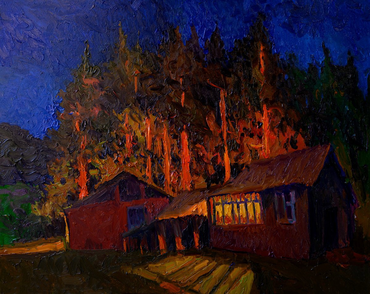 Expressive Landscape Oil Painting By Suren Nersisyan, 28 X 22", Night In The Village, Original Artwork